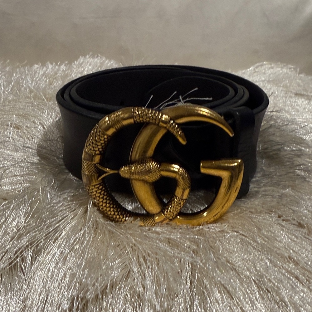 Black Leather Belt with Gold Buckle